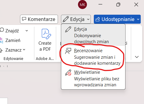 Wybór trybu Recenzji