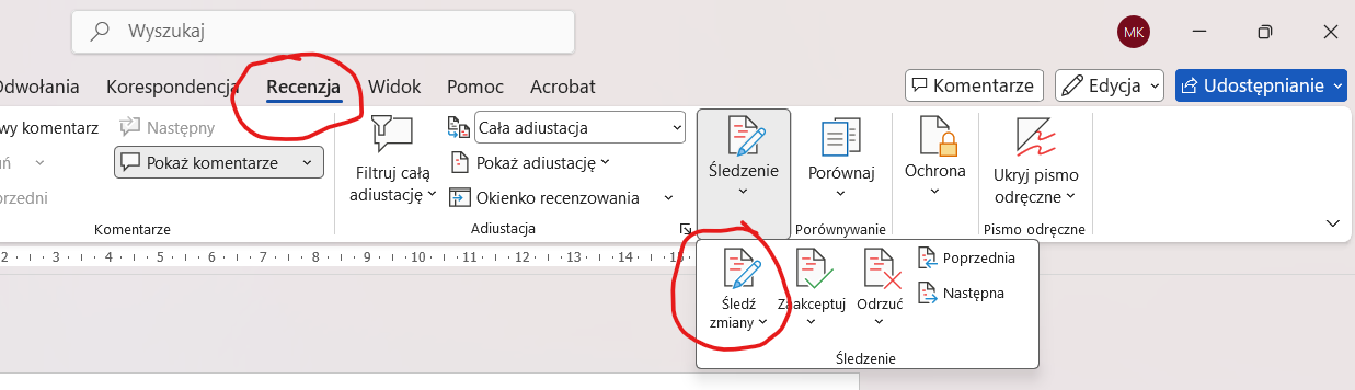 Włączenie trybu śledzenia zmian przez zakładkę "Recenzja".