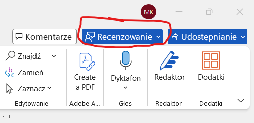 Przycisk pokazujący, że obecnie włączony jest tryb śledzenia zmian
